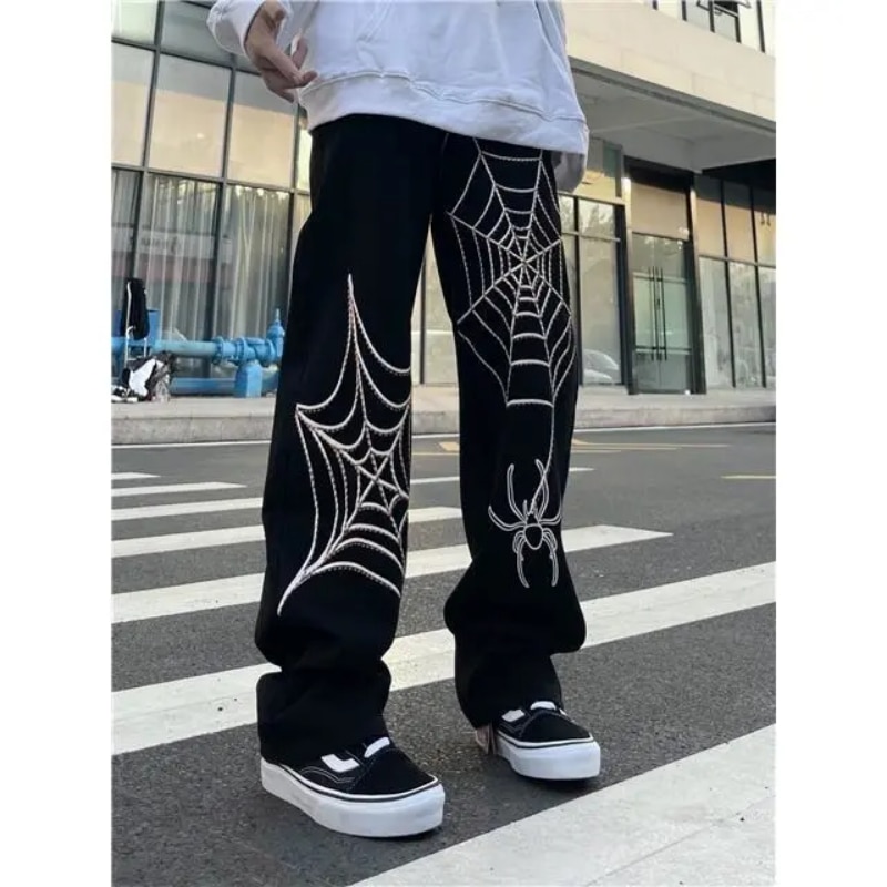 High Waist Jeans Women Y2K Fashion Baggy Harajuku American Spider Web Print Paint Loose Straight Pants Hip-hop High 